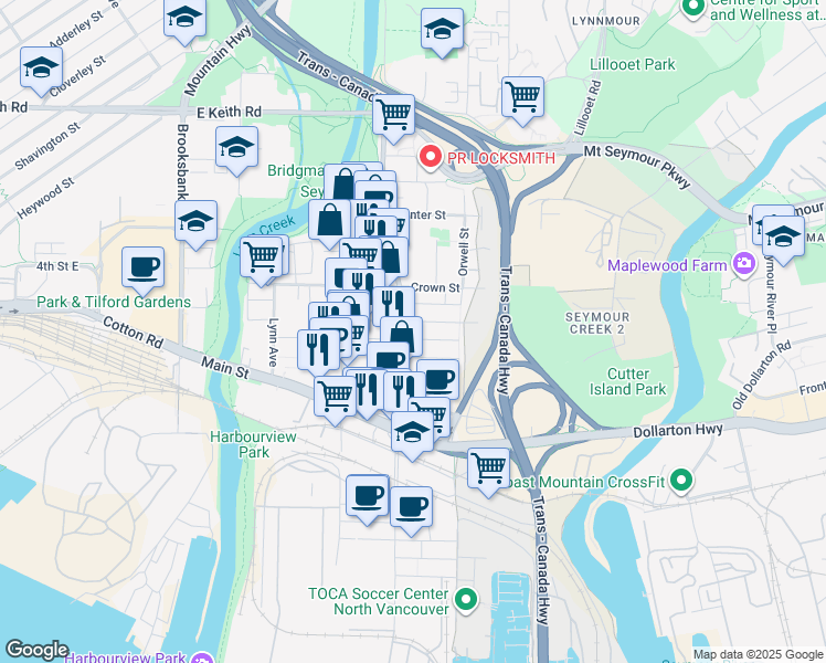 map of restaurants, bars, coffee shops, grocery stores, and more near 342 Mountain Highway in North Vancouver