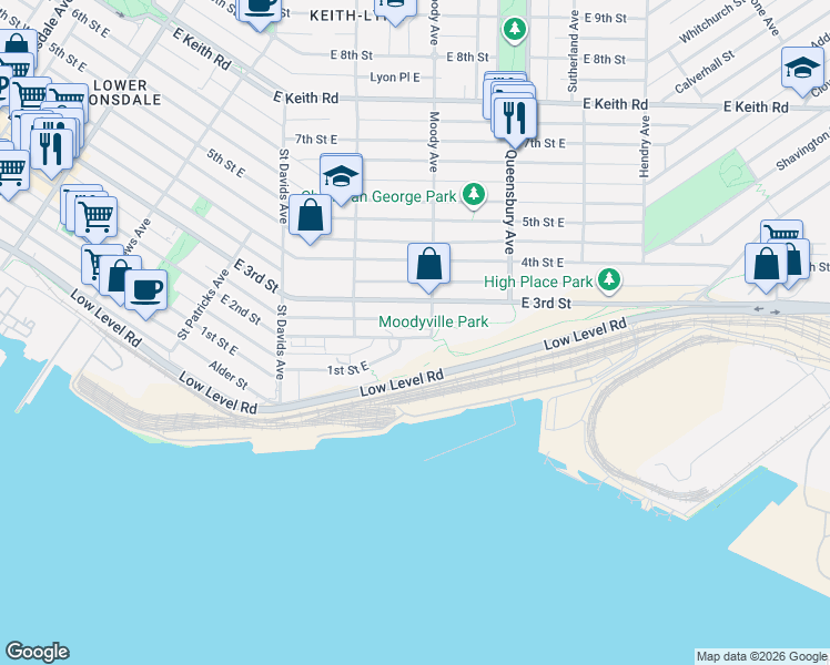 map of restaurants, bars, coffee shops, grocery stores, and more near 650 2nd Street West in North Vancouver