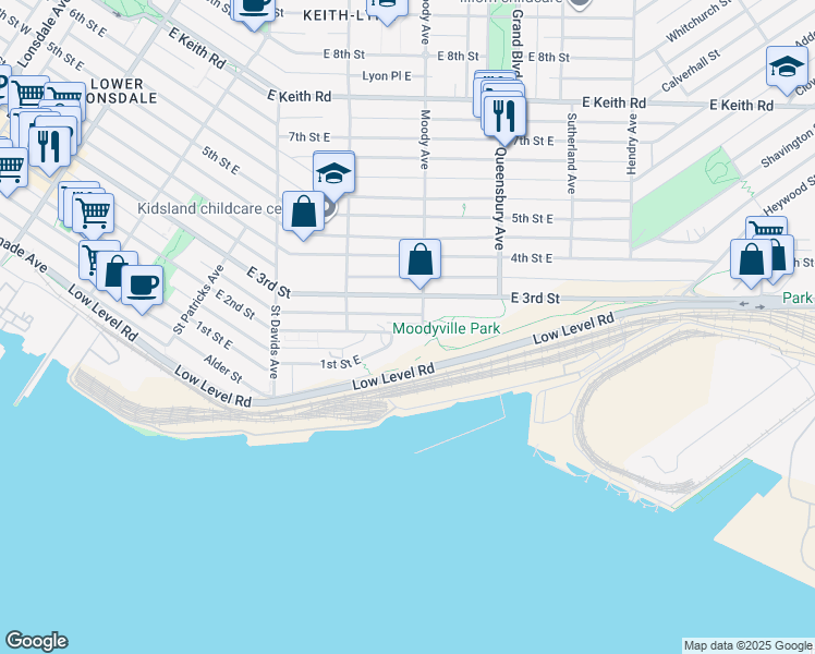 map of restaurants, bars, coffee shops, grocery stores, and more near 650 East 2nd Street in North Vancouver