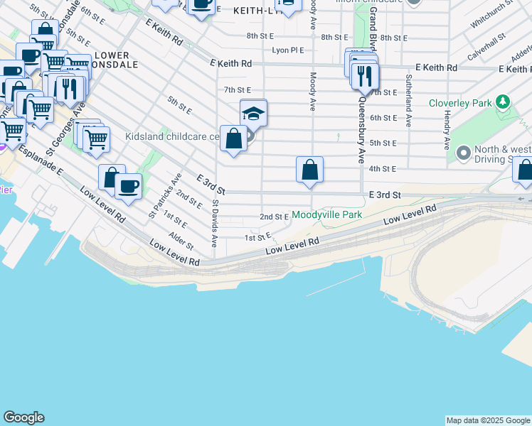 map of restaurants, bars, coffee shops, grocery stores, and more near 602 East 2nd Street in North Vancouver