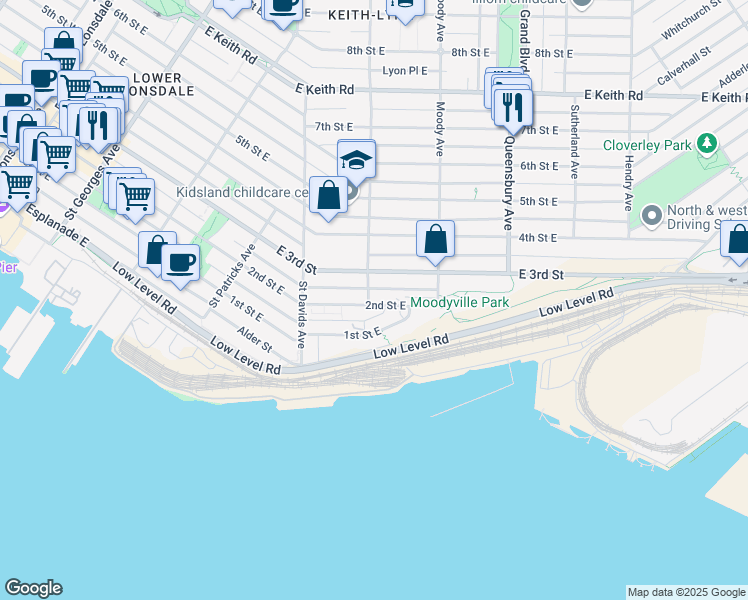 map of restaurants, bars, coffee shops, grocery stores, and more near 602 2nd Street East in North Vancouver