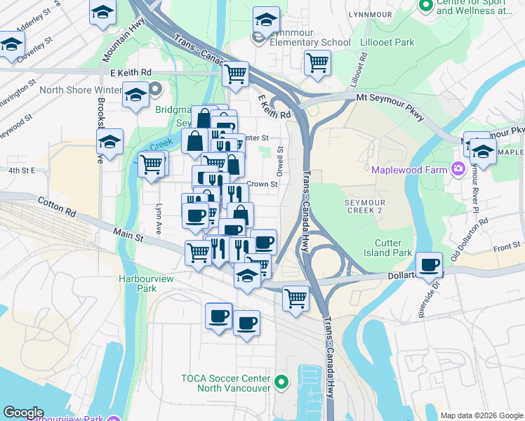 map of restaurants, bars, coffee shops, grocery stores, and more near 1565 Rupert Street in North Vancouver