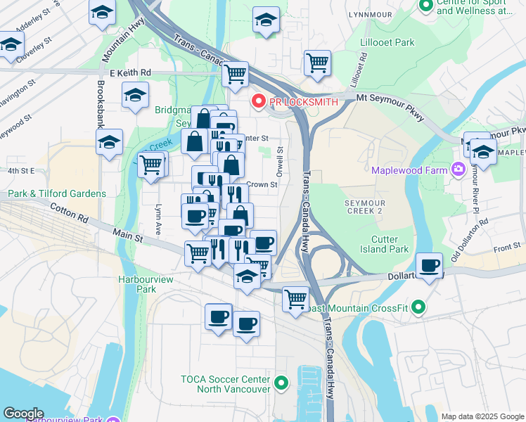 map of restaurants, bars, coffee shops, grocery stores, and more near 1565 Rupert Street in North Vancouver