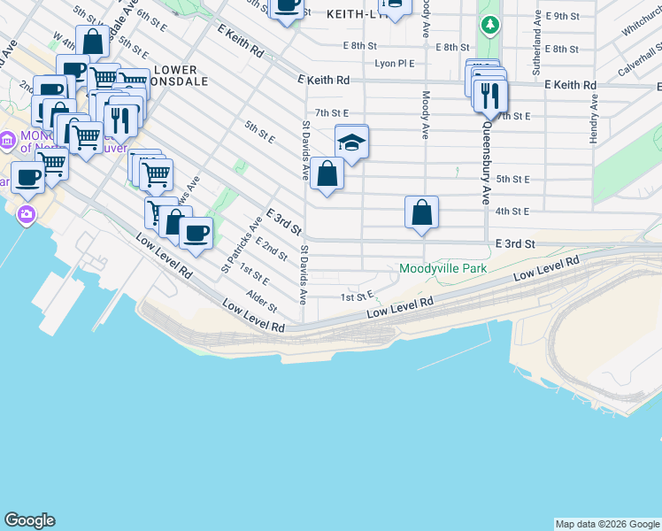 map of restaurants, bars, coffee shops, grocery stores, and more near in North Vancouver