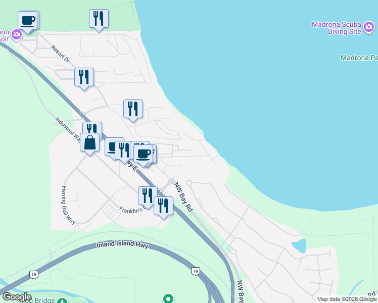 map of restaurants, bars, coffee shops, grocery stores, and more near 1247 Arbutus Road in Parksville