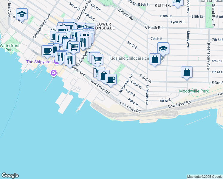 map of restaurants, bars, coffee shops, grocery stores, and more near in North Vancouver