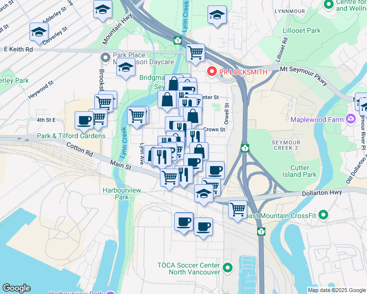 map of restaurants, bars, coffee shops, grocery stores, and more near in North Vancouver
