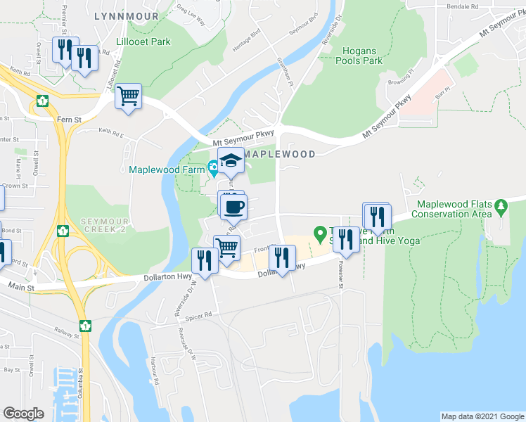 map of restaurants, bars, coffee shops, grocery stores, and more near 2170 Old Dollarton Road in North Vancouver