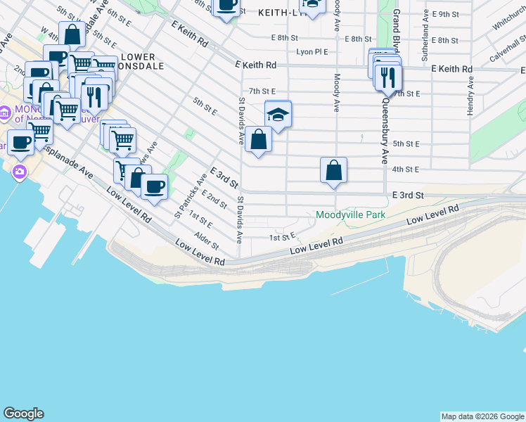 map of restaurants, bars, coffee shops, grocery stores, and more near in North Vancouver