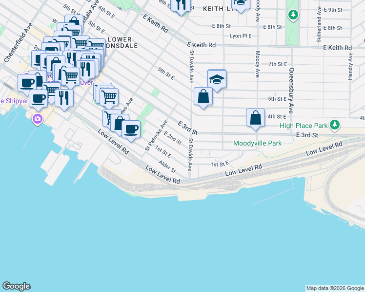 map of restaurants, bars, coffee shops, grocery stores, and more near in North Vancouver