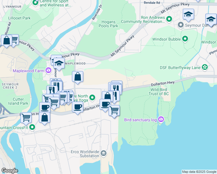 map of restaurants, bars, coffee shops, grocery stores, and more near 2336 Old Dollarton Road in North Vancouver