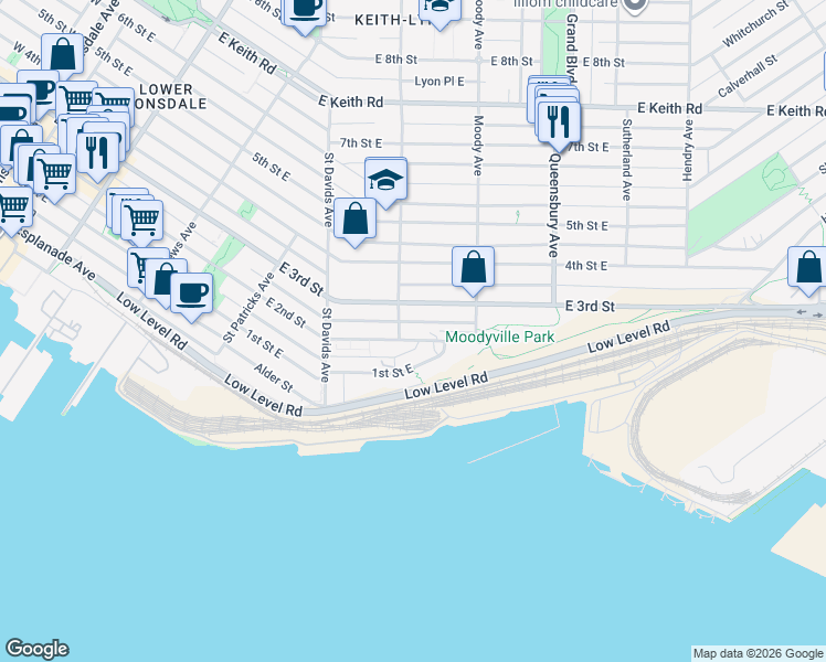 map of restaurants, bars, coffee shops, grocery stores, and more near 602 East 2nd Street in North Vancouver