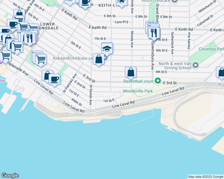 map of restaurants, bars, coffee shops, grocery stores, and more near 602 2nd Street West in North Vancouver