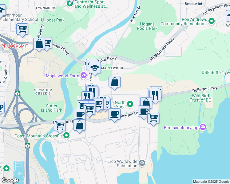 map of restaurants, bars, coffee shops, grocery stores, and more near 2212 Old Dollarton Road in North Vancouver