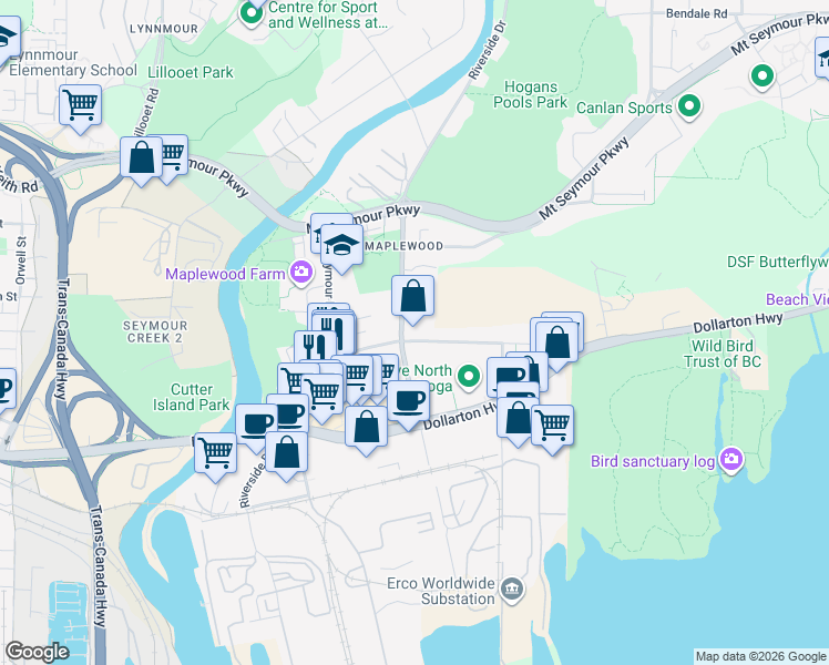 map of restaurants, bars, coffee shops, grocery stores, and more near 331 Riverside Drive in North Vancouver