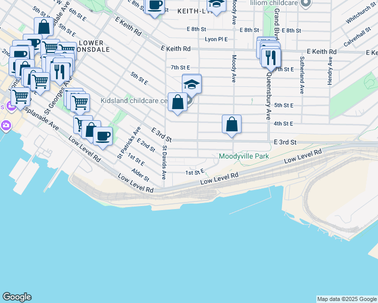 map of restaurants, bars, coffee shops, grocery stores, and more near 528 East 2nd Street in North Vancouver