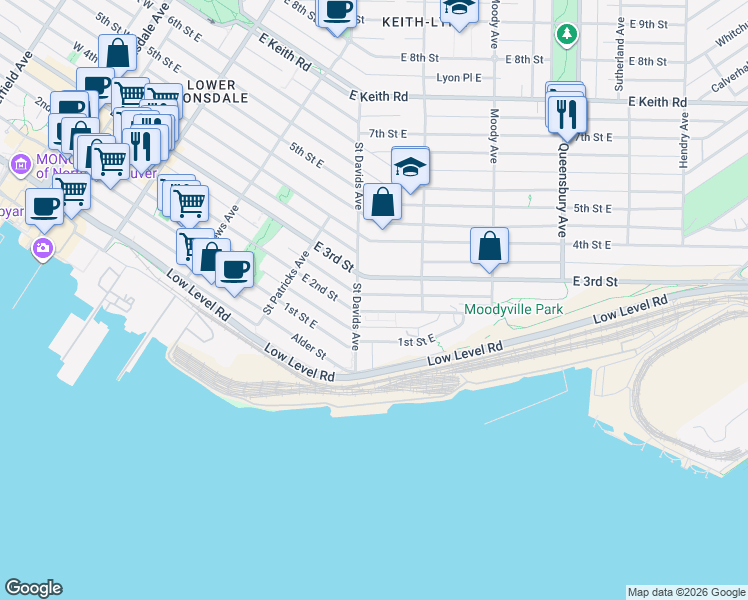 map of restaurants, bars, coffee shops, grocery stores, and more near 528 East 2nd Street in North Vancouver