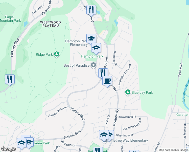 map of restaurants, bars, coffee shops, grocery stores, and more near 1708 Paddock Drive in Coquitlam