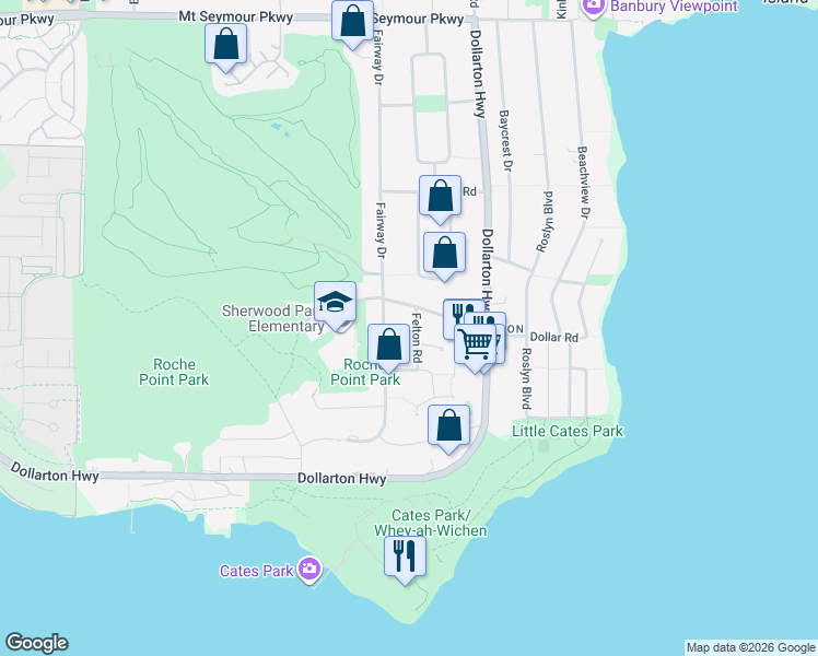 map of restaurants, bars, coffee shops, grocery stores, and more near 465 Felton Road in North Vancouver