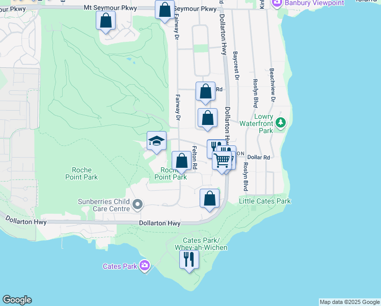 map of restaurants, bars, coffee shops, grocery stores, and more near 465 Felton Road in North Vancouver