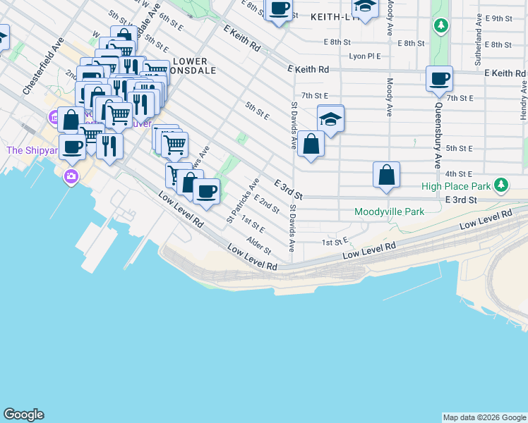 map of restaurants, bars, coffee shops, grocery stores, and more near 431 2nd St E in North Vancouver