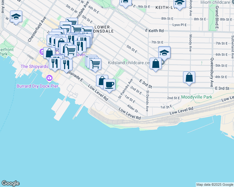 map of restaurants, bars, coffee shops, grocery stores, and more near 365 1st Street East in North Vancouver