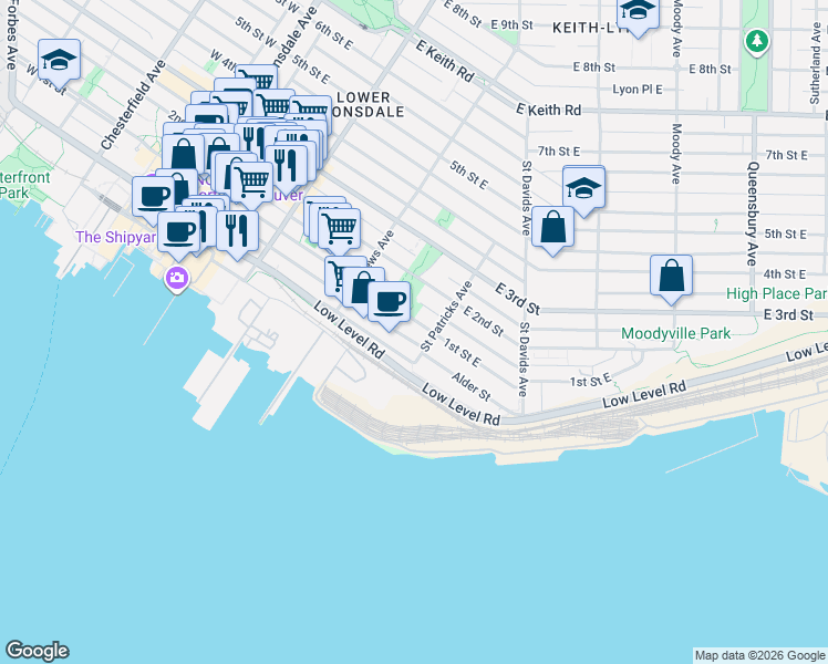 map of restaurants, bars, coffee shops, grocery stores, and more near in North Vancouver