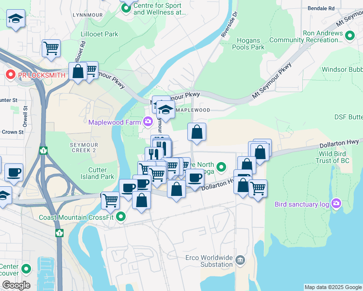 map of restaurants, bars, coffee shops, grocery stores, and more near 2170 Old Dollarton Road in North Vancouver