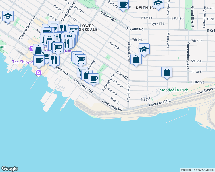 map of restaurants, bars, coffee shops, grocery stores, and more near 400 1st Street East in North Vancouver