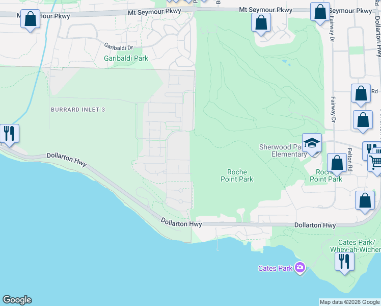 map of restaurants, bars, coffee shops, grocery stores, and more near 3606 Aldercrest Drive in North Vancouver