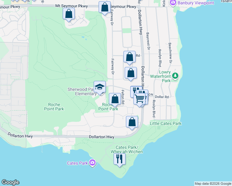 map of restaurants, bars, coffee shops, grocery stores, and more near 474 Fairway Drive in North Vancouver