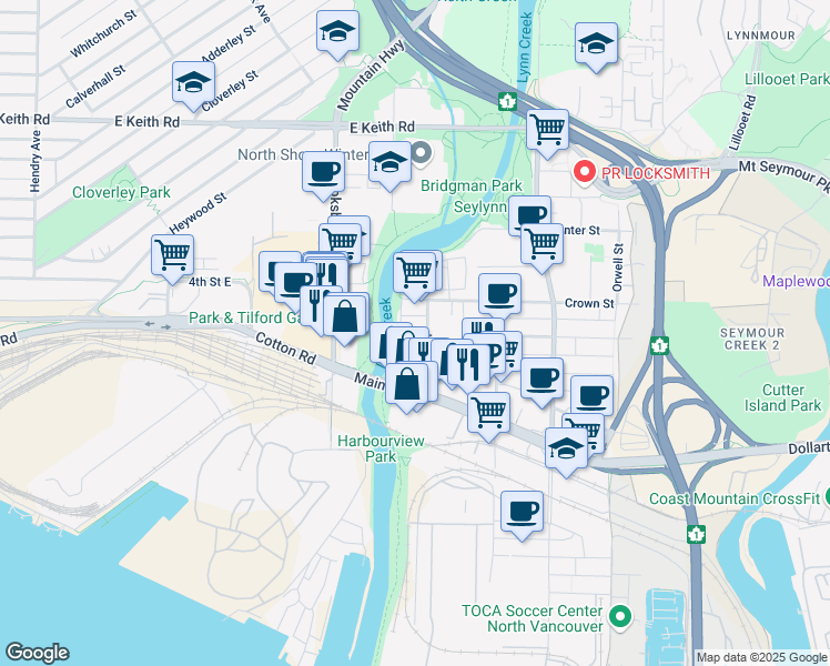 map of restaurants, bars, coffee shops, grocery stores, and more near 351 Lynn Avenue in North Vancouver