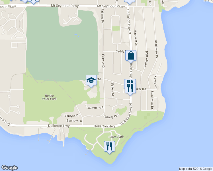 map of restaurants, bars, coffee shops, grocery stores, and more near 474 Fairway Drive in North Vancouver