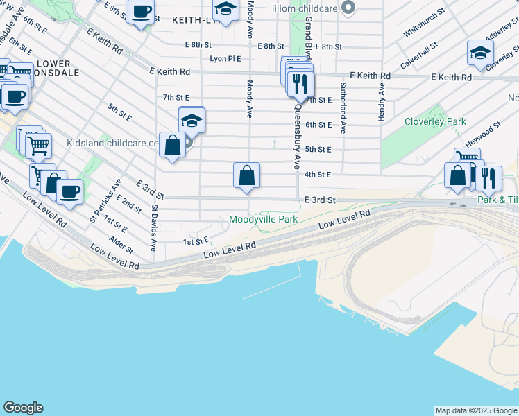 map of restaurants, bars, coffee shops, grocery stores, and more near 707 East 3rd Street in North Vancouver