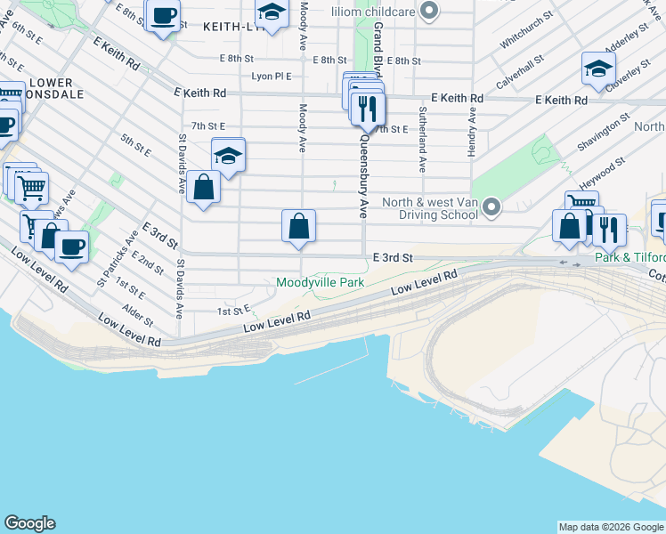 map of restaurants, bars, coffee shops, grocery stores, and more near 707 East 3rd Street in North Vancouver