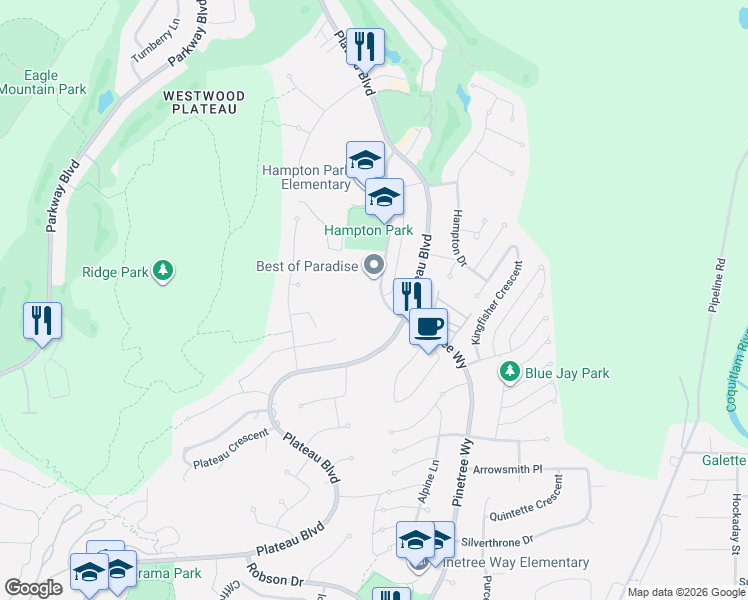 map of restaurants, bars, coffee shops, grocery stores, and more near 1712 Paddock Drive in Coquitlam