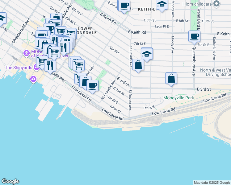 map of restaurants, bars, coffee shops, grocery stores, and more near in North Vancouver