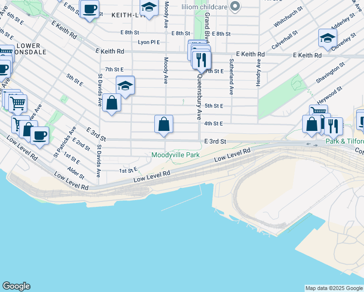 map of restaurants, bars, coffee shops, grocery stores, and more near 733 East 3rd Street in North Vancouver
