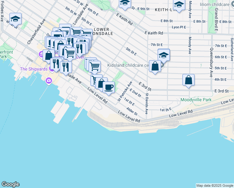 map of restaurants, bars, coffee shops, grocery stores, and more near 365 1st Street East in North Vancouver