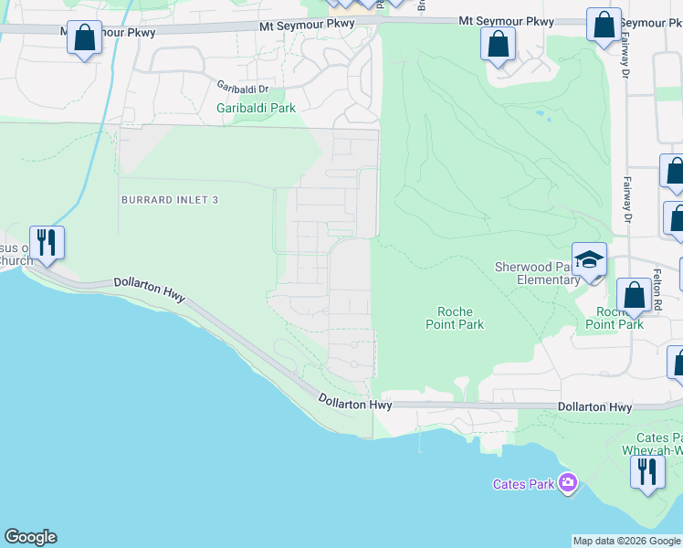 map of restaurants, bars, coffee shops, grocery stores, and more near 3602 Aldercrest Drive in North Vancouver