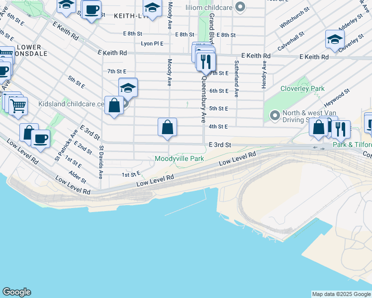 map of restaurants, bars, coffee shops, grocery stores, and more near 733 East 3rd Street in North Vancouver