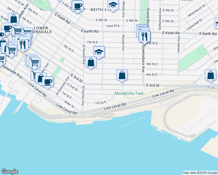 map of restaurants, bars, coffee shops, grocery stores, and more near 625 East 3rd Street in North Vancouver