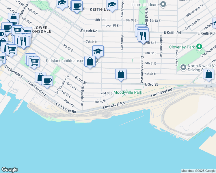 map of restaurants, bars, coffee shops, grocery stores, and more near in North Vancouver