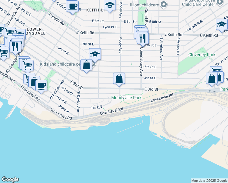 map of restaurants, bars, coffee shops, grocery stores, and more near 649 East 3rd Street in North Vancouver
