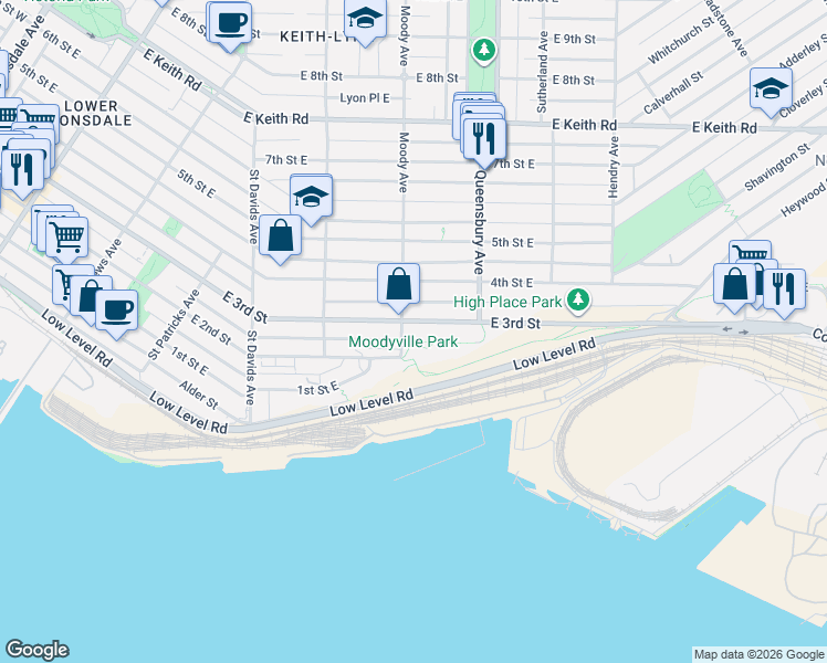 map of restaurants, bars, coffee shops, grocery stores, and more near 707 3rd Street West in North Vancouver