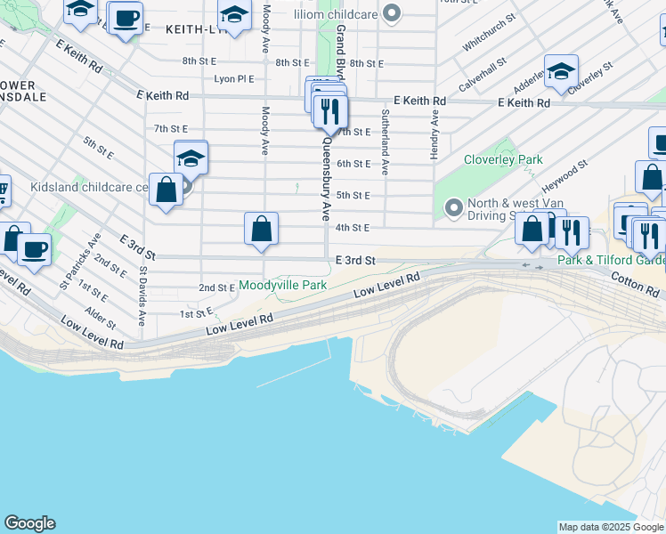 map of restaurants, bars, coffee shops, grocery stores, and more near 819 East 3rd Street in North Vancouver