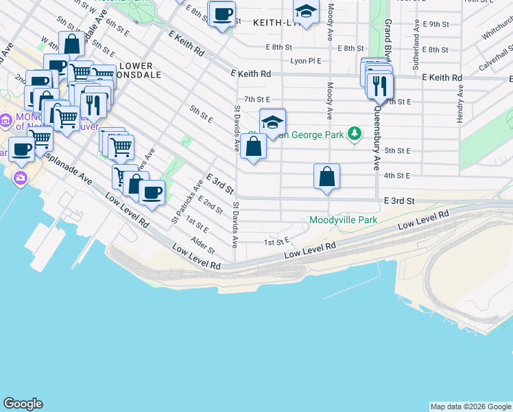 map of restaurants, bars, coffee shops, grocery stores, and more near 533 East 3rd Street in North Vancouver