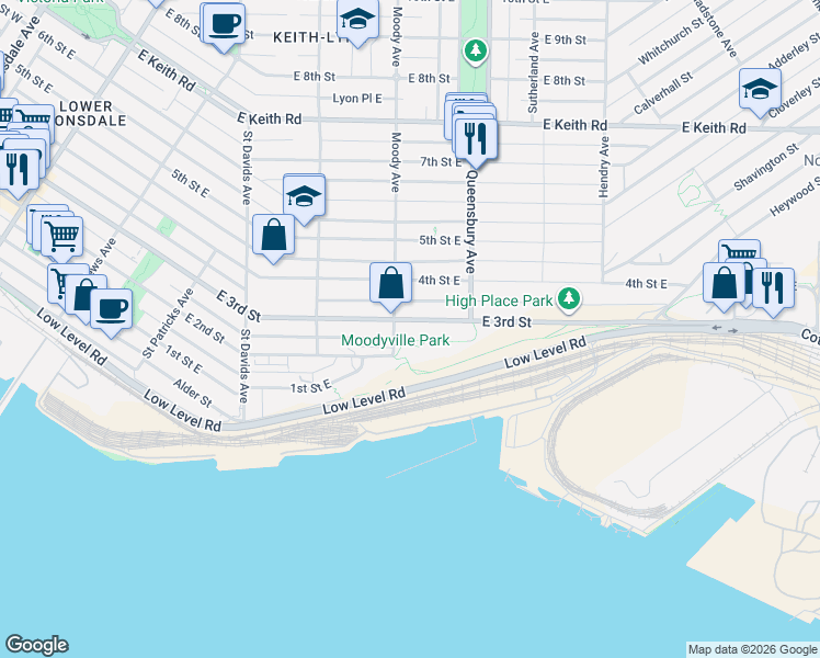 map of restaurants, bars, coffee shops, grocery stores, and more near 707 East 3rd Street in North Vancouver