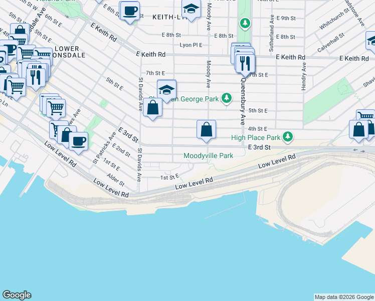 map of restaurants, bars, coffee shops, grocery stores, and more near 625 East 3rd Street in North Vancouver