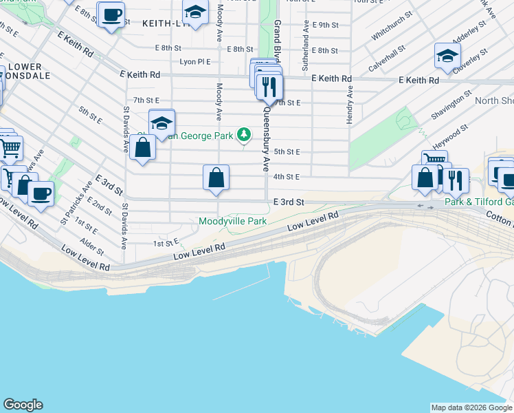map of restaurants, bars, coffee shops, grocery stores, and more near 747 East 3rd Street in North Vancouver